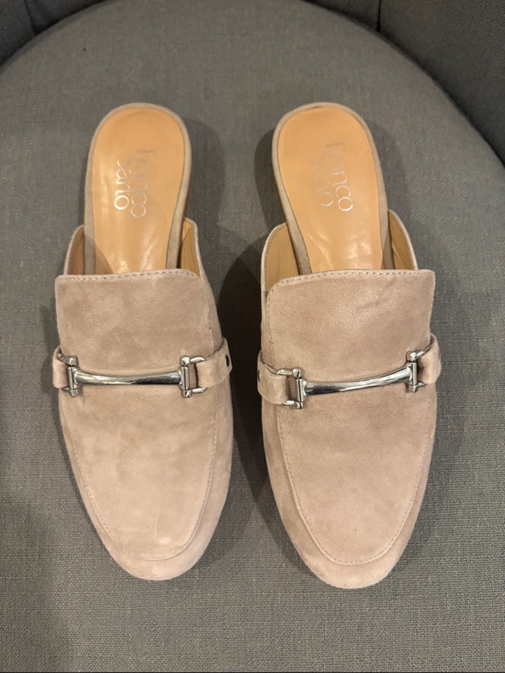 Franco Sarto Taupe Suede Slip-On Loafers with Silver Hardware
